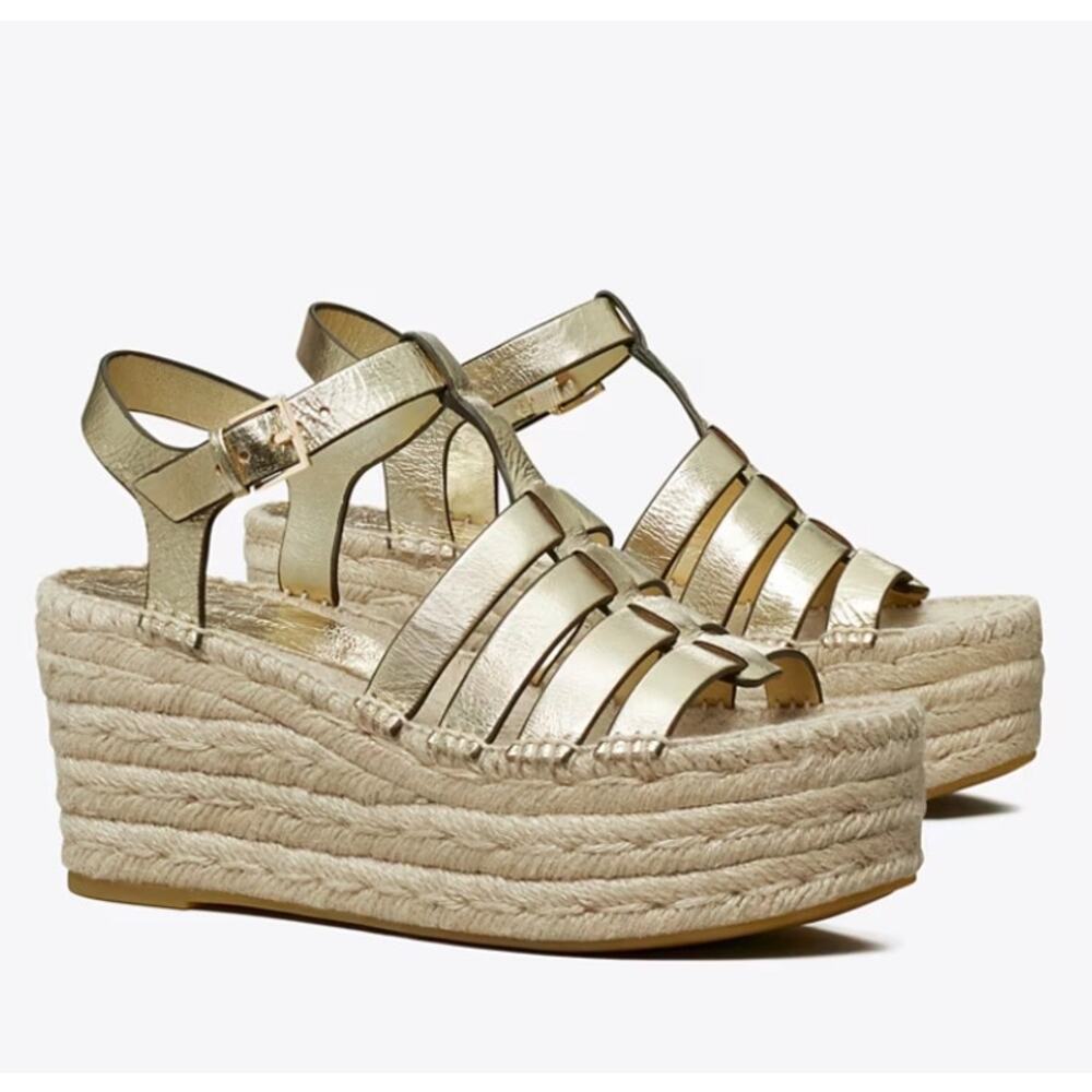 Tory Burch Metallic Wedge Espadrille Fisherman Sandals In Spark Gold